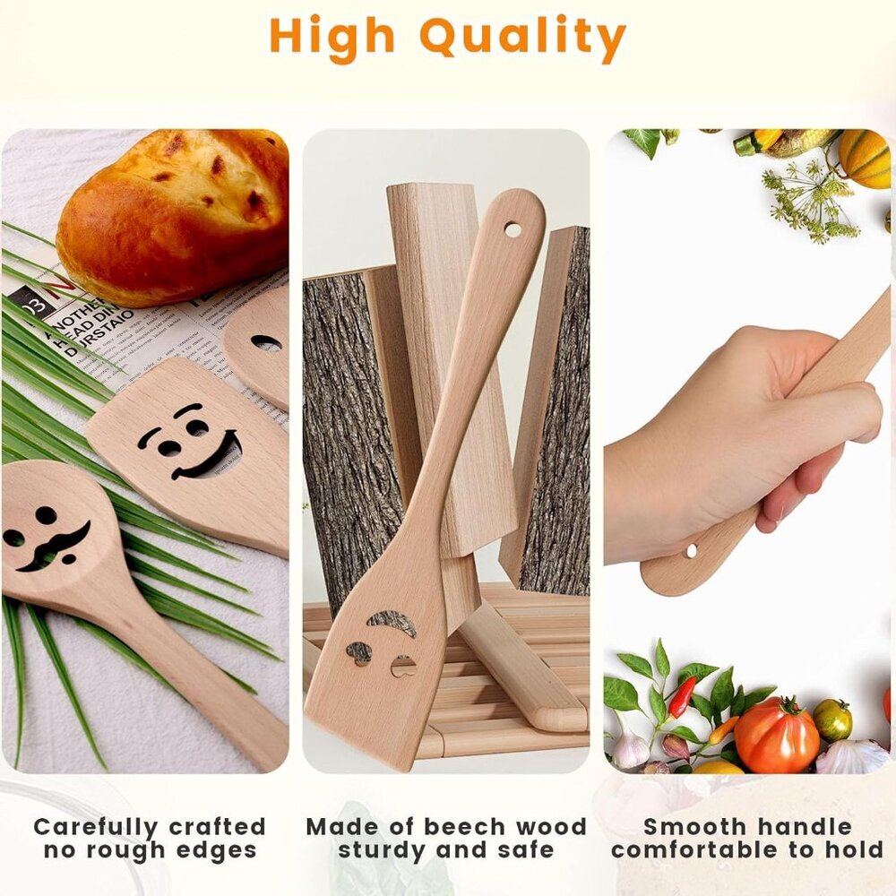 5PCS Wooden Spoons for Cooking, Funny Wooden Utensil Set Wood Spatulas with Smil - Picture 5 of 6
